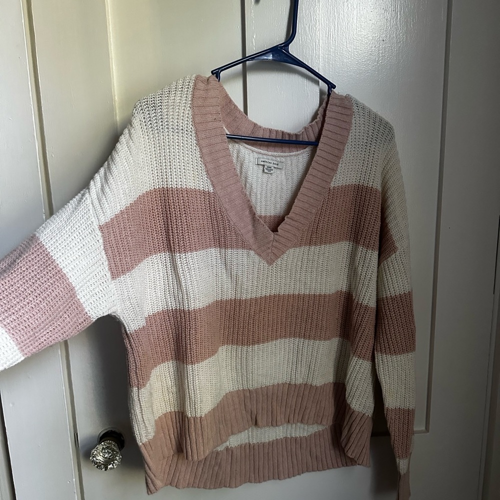 American Eagle Outfitters Pink and Cream V-Neck Sweater